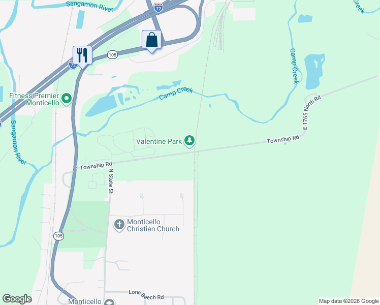 map of restaurants, bars, coffee shops, grocery stores, and more near 965 Township Road in Monticello