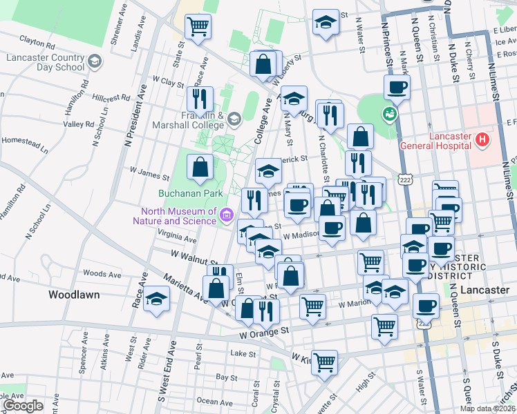 map of restaurants, bars, coffee shops, grocery stores, and more near 434 Nevin Street in Lancaster