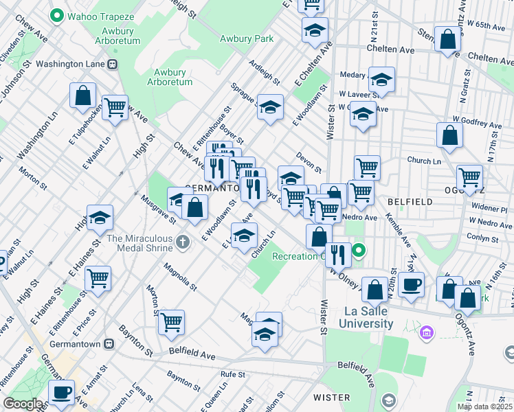 map of restaurants, bars, coffee shops, grocery stores, and more near 5601 Chew Avenue in Philadelphia