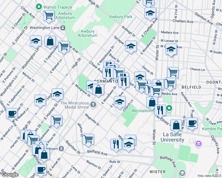 map of restaurants, bars, coffee shops, grocery stores, and more near 731 East Woodlawn Street in Philadelphia