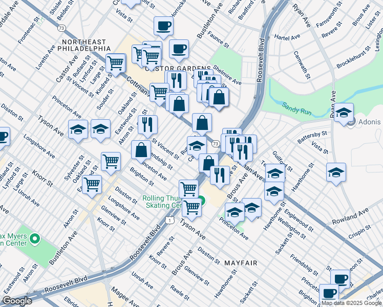 map of restaurants, bars, coffee shops, grocery stores, and more near 7228 Calvert Street in Philadelphia
