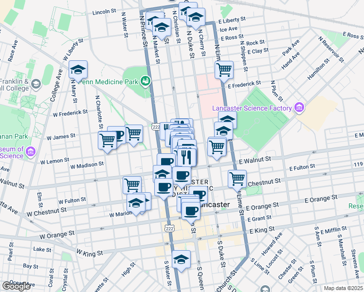 map of restaurants, bars, coffee shops, grocery stores, and more near N Queen St & E Lemon St in Lancaster