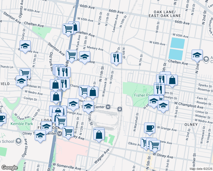 map of restaurants, bars, coffee shops, grocery stores, and more near 6017 North 10th Street in Philadelphia