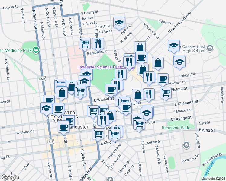 map of restaurants, bars, coffee shops, grocery stores, and more near 331A East Walnut Street in Lancaster
