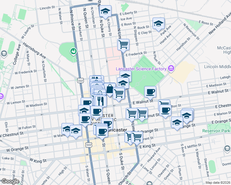 map of restaurants, bars, coffee shops, grocery stores, and more near 114 East Lemon Street in Lancaster