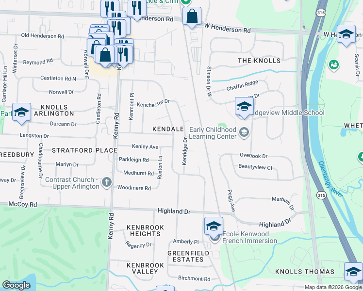 map of restaurants, bars, coffee shops, grocery stores, and more near 4163 Kenridge Drive in Columbus