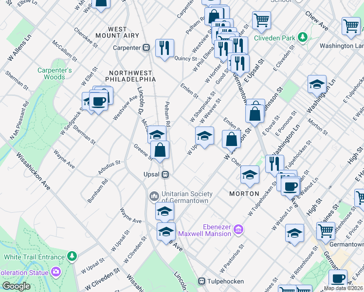 map of restaurants, bars, coffee shops, grocery stores, and more near 229 West Upsal Street in Philadelphia