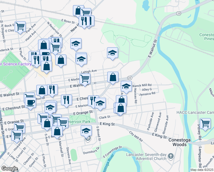 map of restaurants, bars, coffee shops, grocery stores, and more near 971 Ranck Mill Road in Lancaster