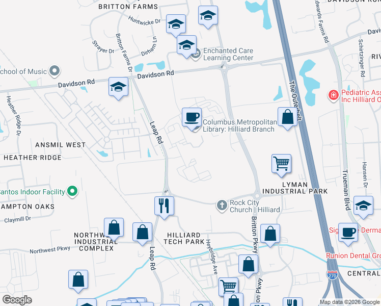 map of restaurants, bars, coffee shops, grocery stores, and more near 4456 Mountain Laurel Road in Hilliard