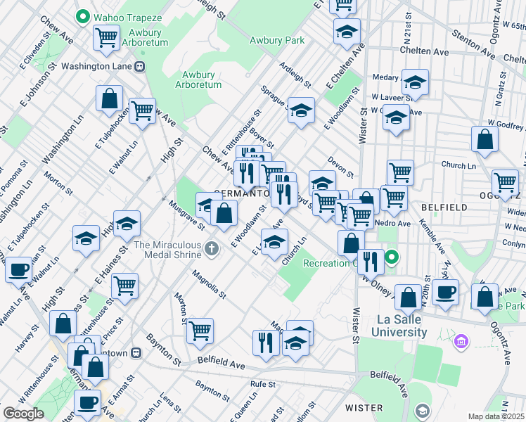 map of restaurants, bars, coffee shops, grocery stores, and more near 746 East Woodlawn Street in Philadelphia