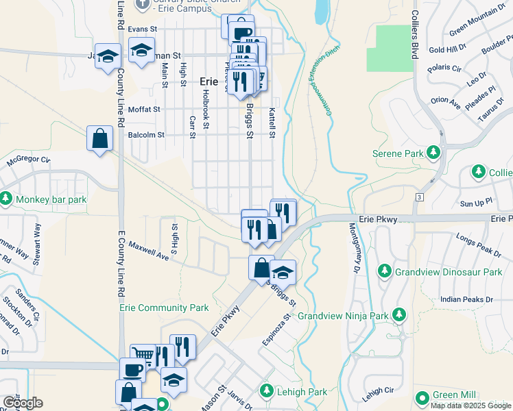 map of restaurants, bars, coffee shops, grocery stores, and more near 100 Kattell Street in Erie