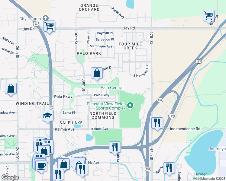 map of restaurants, bars, coffee shops, grocery stores, and more near 3299 Palo Parkway in Boulder