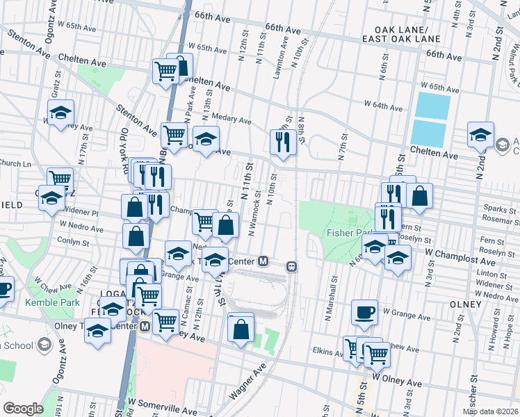 map of restaurants, bars, coffee shops, grocery stores, and more near 6017 North 10th Street in Philadelphia