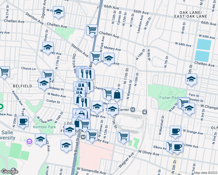 map of restaurants, bars, coffee shops, grocery stores, and more near 5949 North 13th Street in Philadelphia