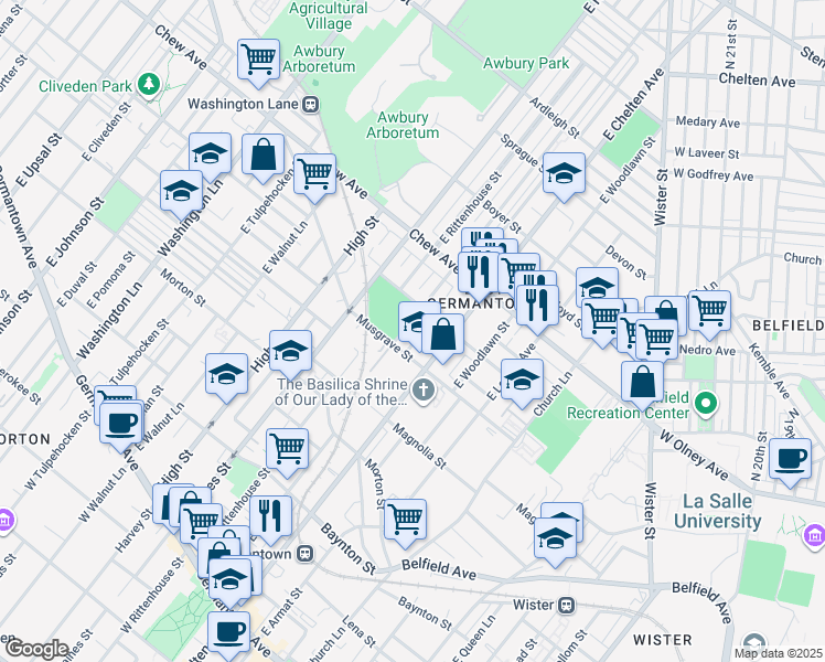 map of restaurants, bars, coffee shops, grocery stores, and more near 608 East Price Street in Philadelphia