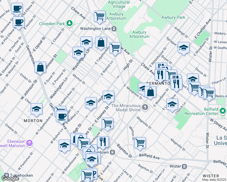 map of restaurants, bars, coffee shops, grocery stores, and more near 452 East Haines Street in Philadelphia