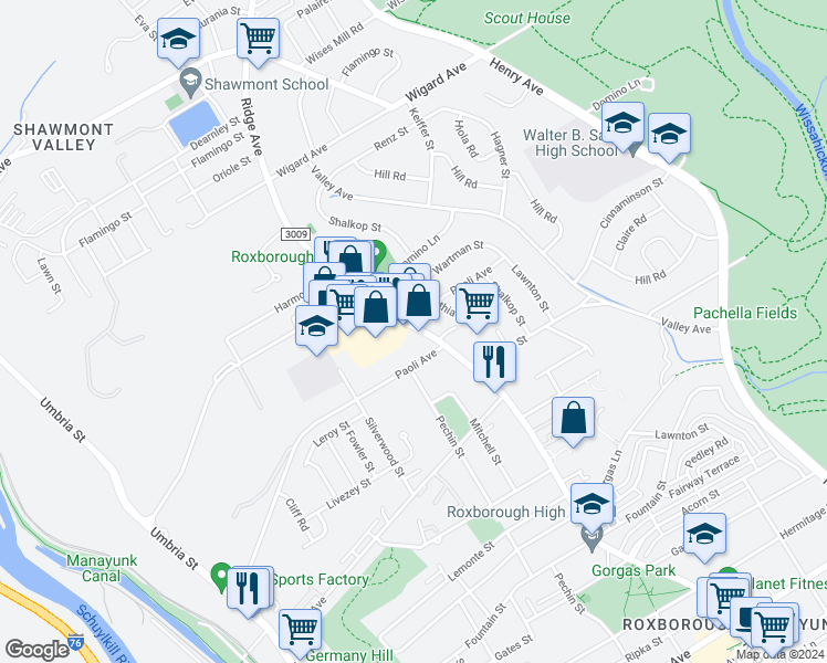 map of restaurants, bars, coffee shops, grocery stores, and more near 6901 Ridge Avenue in Philadelphia
