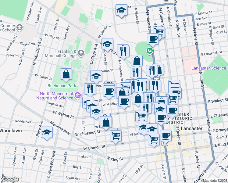 map of restaurants, bars, coffee shops, grocery stores, and more near 419 North Mary Street in Lancaster