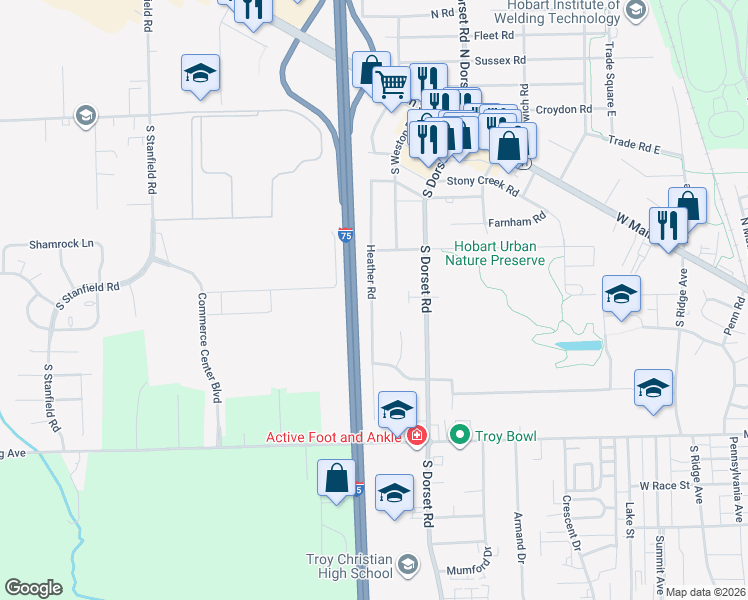 map of restaurants, bars, coffee shops, grocery stores, and more near 108 Heather Road in Troy