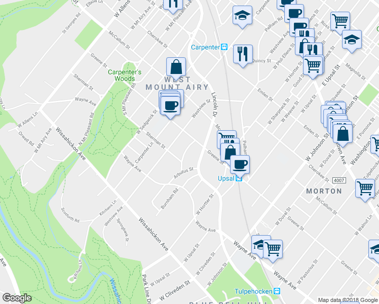 map of restaurants, bars, coffee shops, grocery stores, and more near 630 West Phil Ellena Street in Philadelphia
