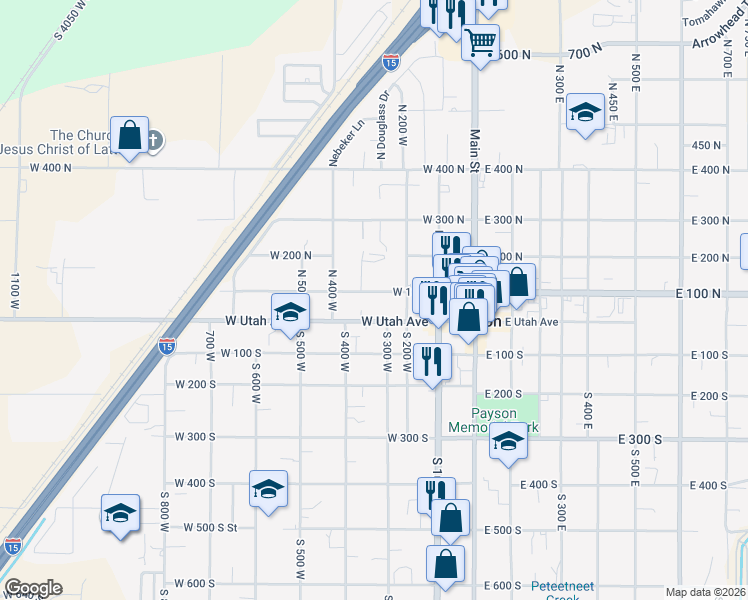 map of restaurants, bars, coffee shops, grocery stores, and more near 323 West 100 North in Payson