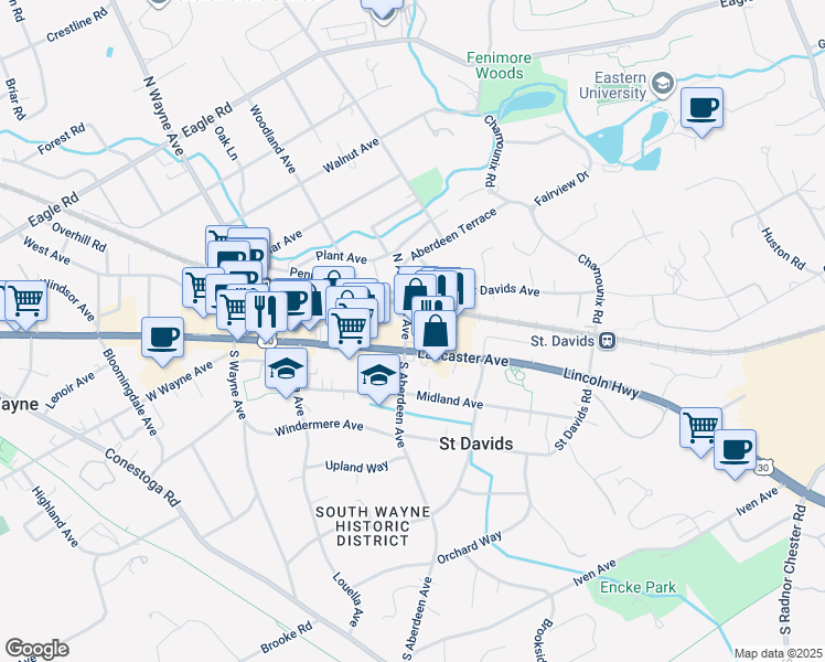 map of restaurants, bars, coffee shops, grocery stores, and more near 301 East Lancaster Avenue in Wayne