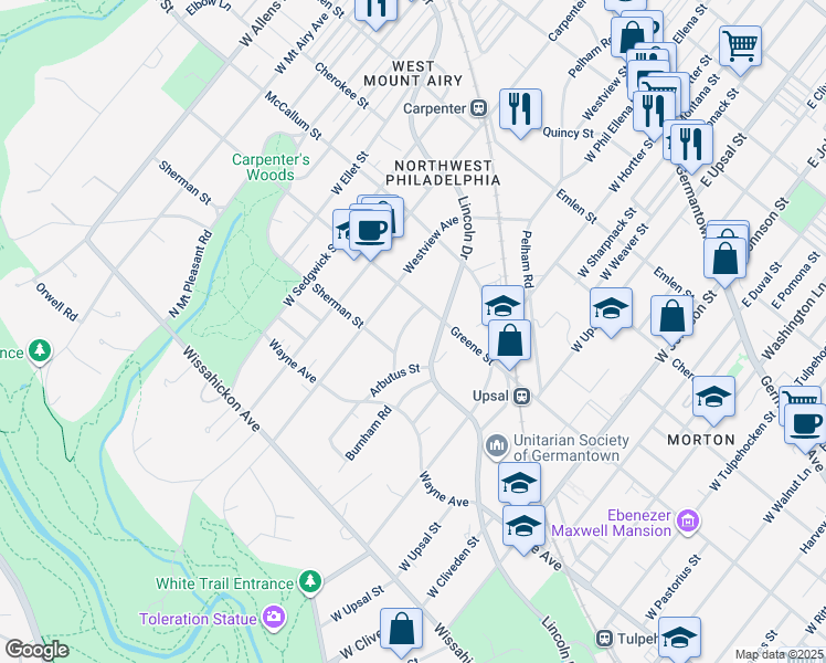 map of restaurants, bars, coffee shops, grocery stores, and more near 630 West Phil Ellena Street in Philadelphia