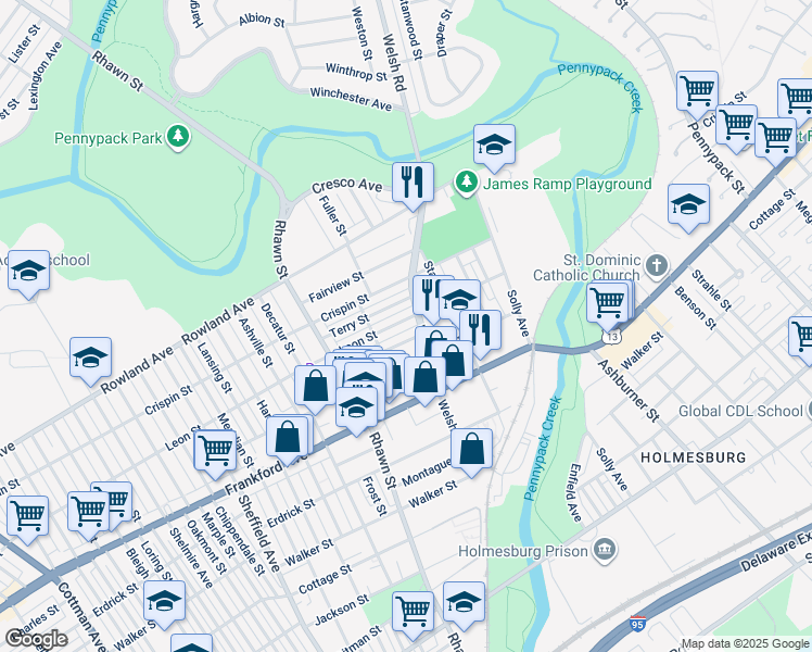 map of restaurants, bars, coffee shops, grocery stores, and more near 8141 Leon Street in Philadelphia