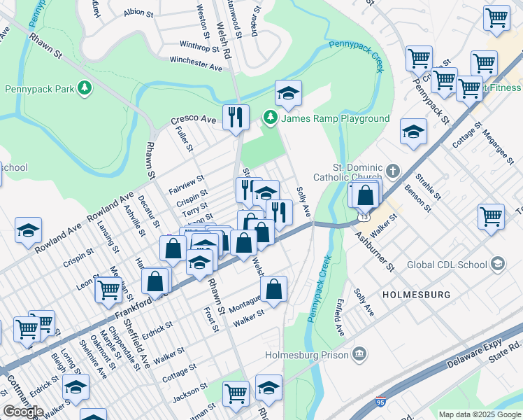 map of restaurants, bars, coffee shops, grocery stores, and more near 3522 Stanwood Street in Philadelphia