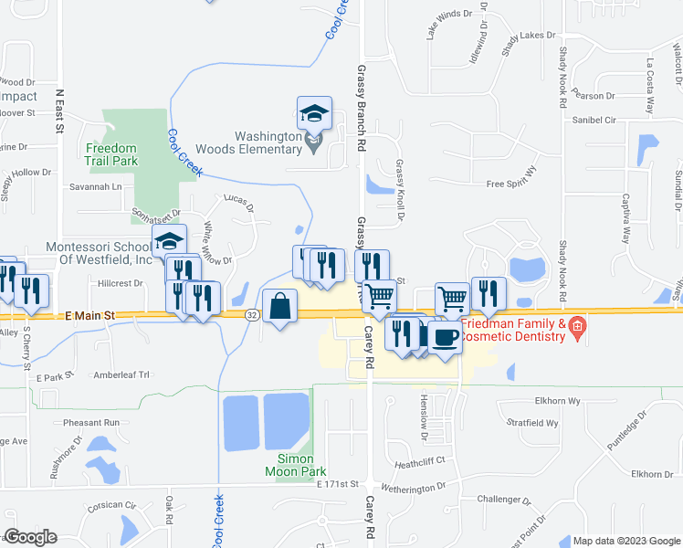 map of restaurants, bars, coffee shops, grocery stores, and more near Grandview Way in Westfield