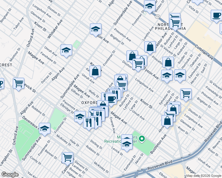 map of restaurants, bars, coffee shops, grocery stores, and more near 1405 Unruh Avenue in Philadelphia