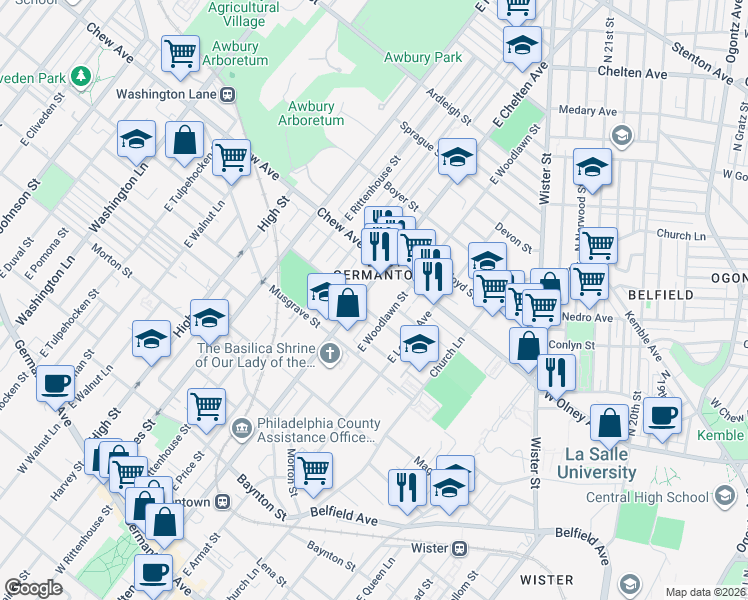 map of restaurants, bars, coffee shops, grocery stores, and more near 715 East Woodlawn Street in Philadelphia