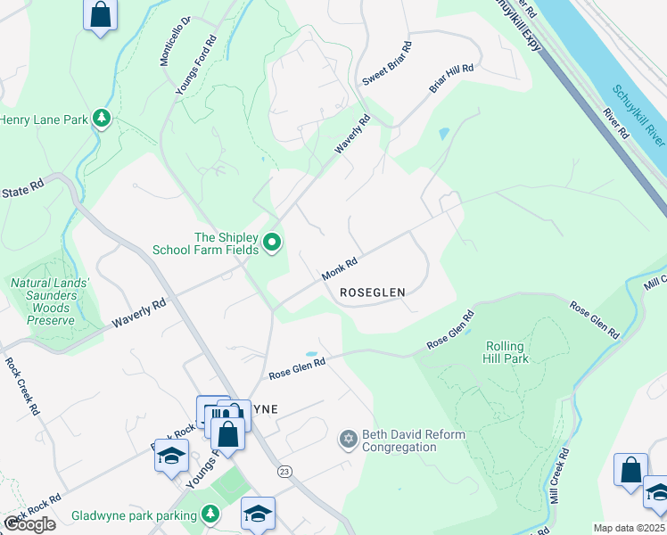 map of restaurants, bars, coffee shops, grocery stores, and more near 1336 Monk Road in Gladwyne
