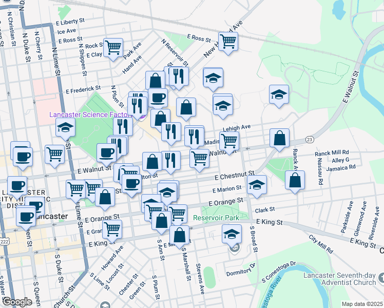 map of restaurants, bars, coffee shops, grocery stores, and more near 651 East Walnut Street in Lancaster
