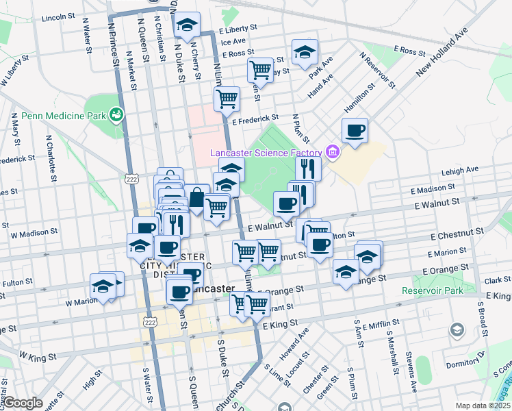 map of restaurants, bars, coffee shops, grocery stores, and more near 236 East Lemon Street in Lancaster