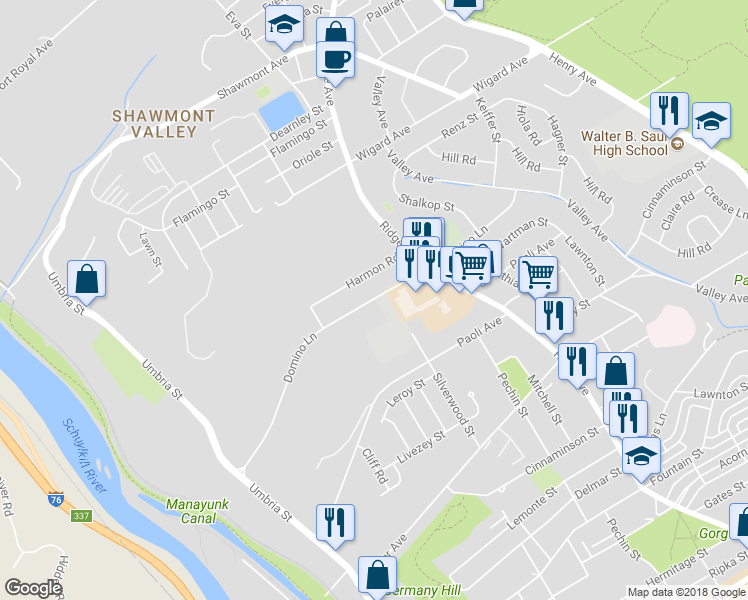 map of restaurants, bars, coffee shops, grocery stores, and more near 478 Domino Lane in Philadelphia
