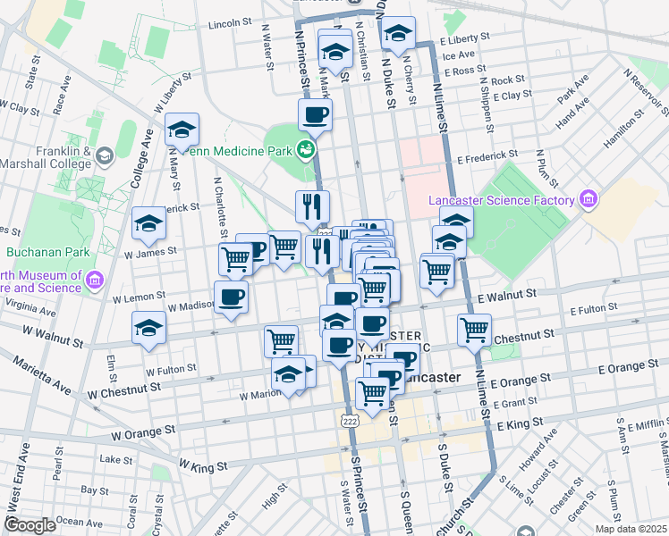 map of restaurants, bars, coffee shops, grocery stores, and more near 351 North Market Street in Lancaster