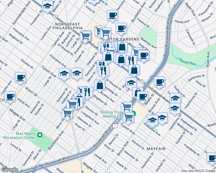 map of restaurants, bars, coffee shops, grocery stores, and more near 2137 Friendship Street in Philadelphia