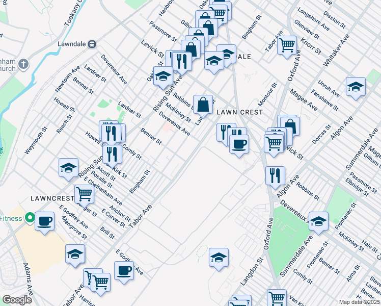 map of restaurants, bars, coffee shops, grocery stores, and more near 6118 Tabor Avenue in Philadelphia