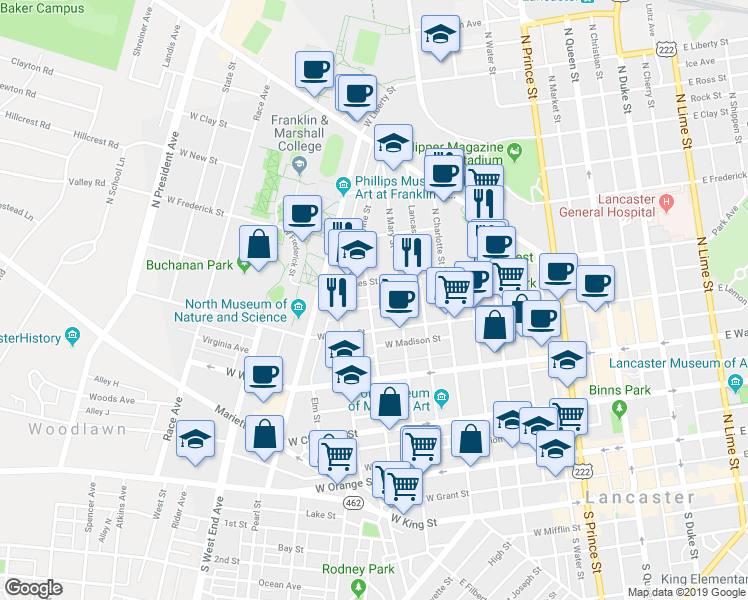map of restaurants, bars, coffee shops, grocery stores, and more near 433 North Pine Street in Lancaster
