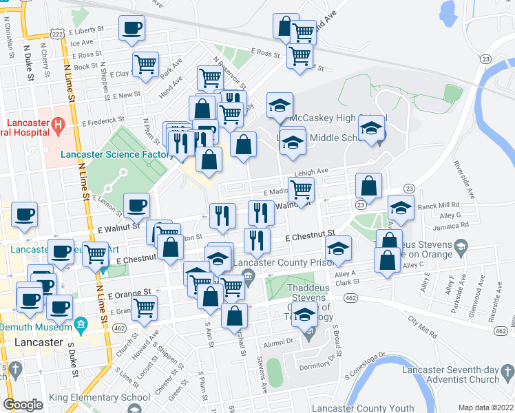map of restaurants, bars, coffee shops, grocery stores, and more near 707 East Walnut Street in Lancaster