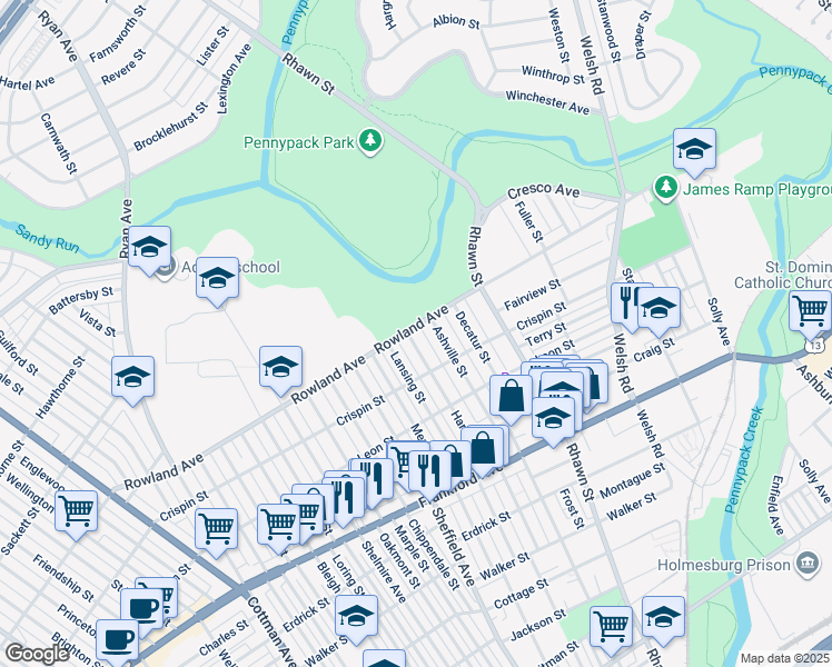 map of restaurants, bars, coffee shops, grocery stores, and more near 3303 Hartel Avenue in Philadelphia