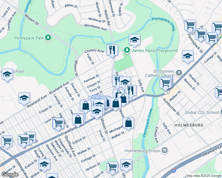 map of restaurants, bars, coffee shops, grocery stores, and more near 8141 Leon Street in Philadelphia