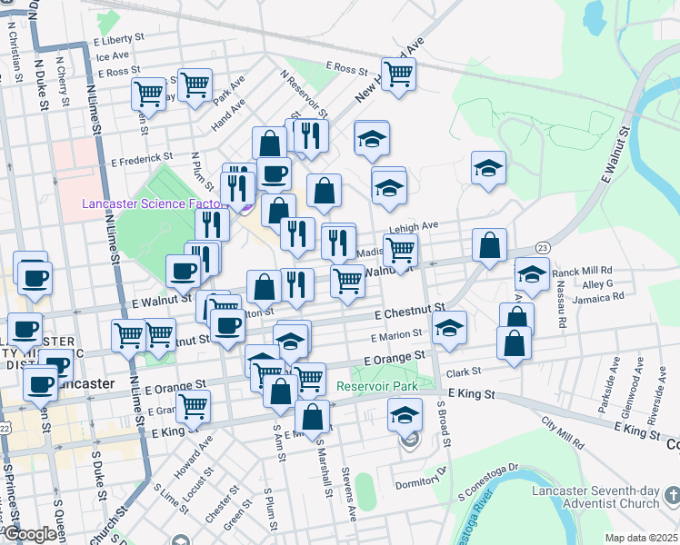 map of restaurants, bars, coffee shops, grocery stores, and more near 708 Pennsylvania 23 in Lancaster