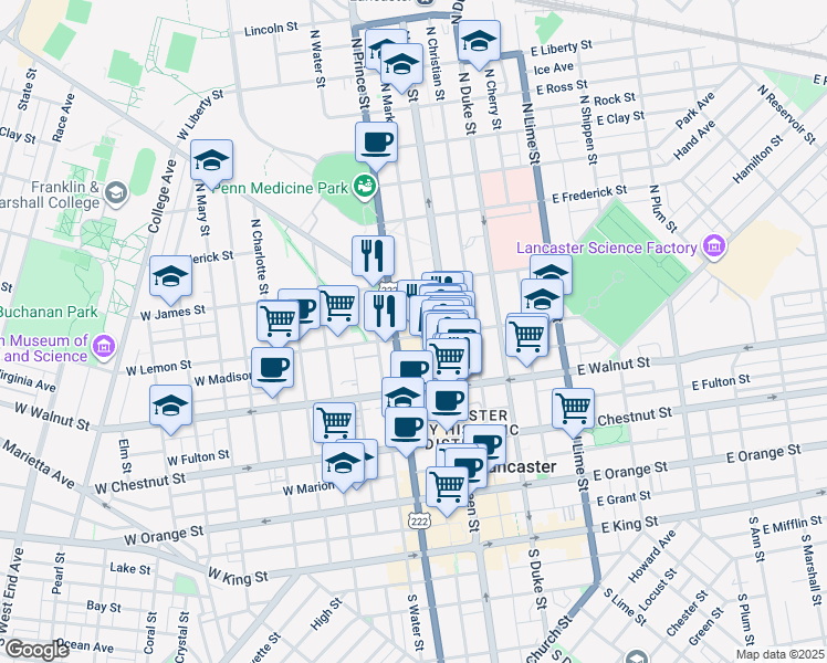 map of restaurants, bars, coffee shops, grocery stores, and more near 41 West Lemon Street in Lancaster