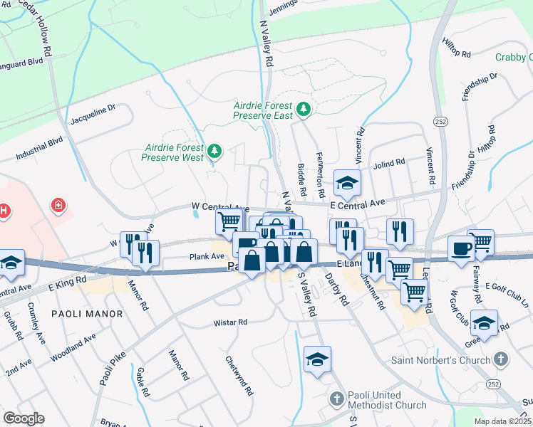 map of restaurants, bars, coffee shops, grocery stores, and more near 24 West Central Avenue in Paoli