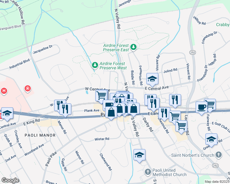 map of restaurants, bars, coffee shops, grocery stores, and more near 24 West Central Avenue in Paoli