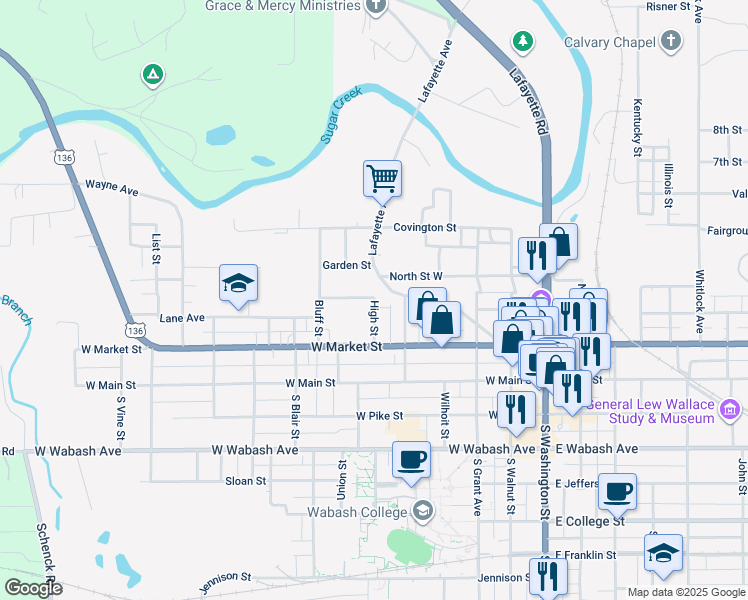 map of restaurants, bars, coffee shops, grocery stores, and more near 602 High Street in Crawfordsville