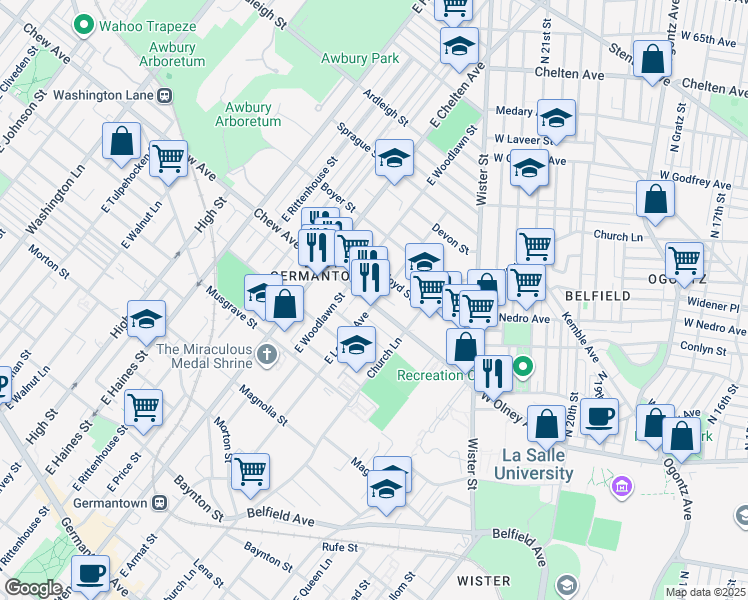 map of restaurants, bars, coffee shops, grocery stores, and more near 5601 Chew Avenue in Philadelphia
