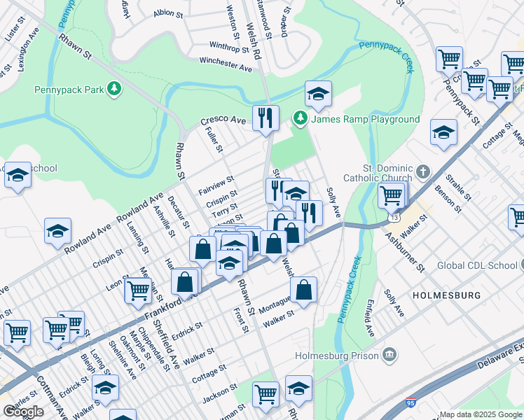 map of restaurants, bars, coffee shops, grocery stores, and more near 8143 Leon Street in Philadelphia
